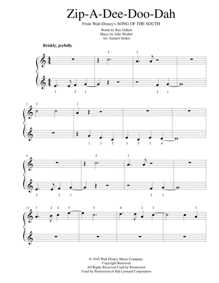 Zip A Dee Doo Dah For Very Easy Piano Sheet Music