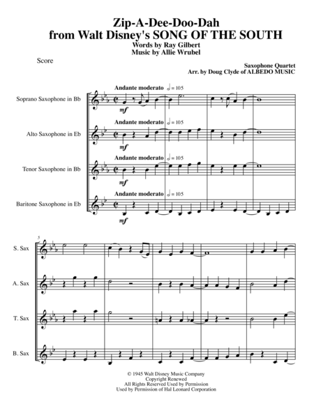 Free Sheet Music Zip A Dee Doo Dah From Walt Disneys Song Of The South For Saxophone Quartet
