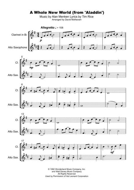 A Whole New World From Aladdin Duet For Clarinet And Alto Saxophone Page 2