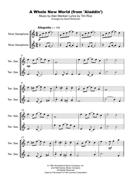 A Whole New World From Aladdin Duet For Two Tenor Saxophones Page 2