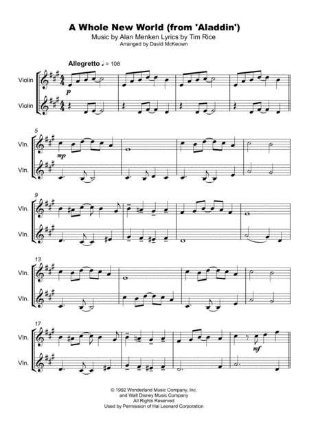 A Whole New World From Aladdin Duet For Two Violins Page 2