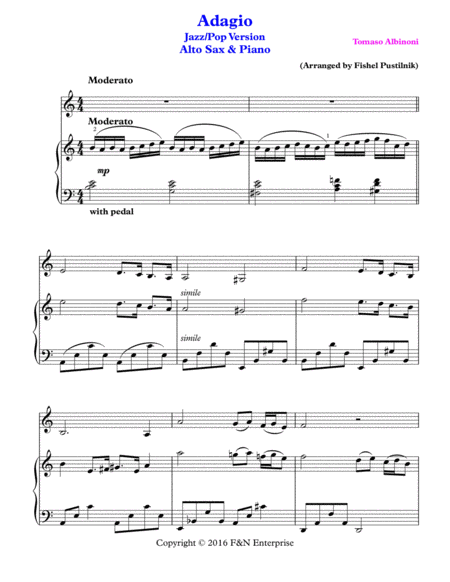 Adagio By Albinoni Piano Background For Alto Sax And Piano Page 2