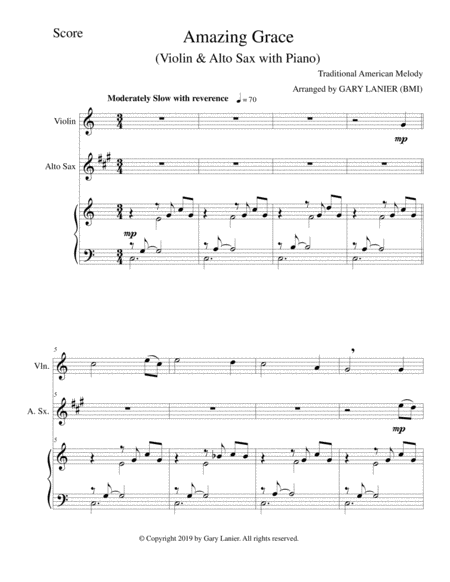 Amazing Grace Violin Alto Sax With Piano Score Parts Included Page 2