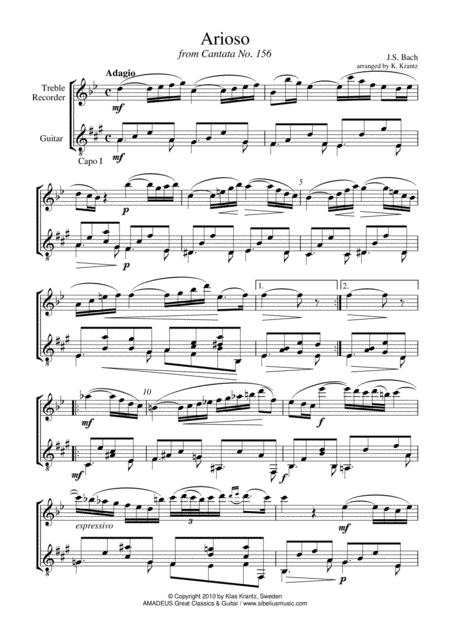 Arioso From Cantata 156 For Treble Recorder And Guitar Page 2