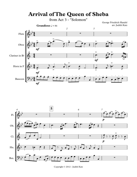 Arrival Of The Queen Of Sheba From Act 3 Solomon For Woodwind Quintet Page 2