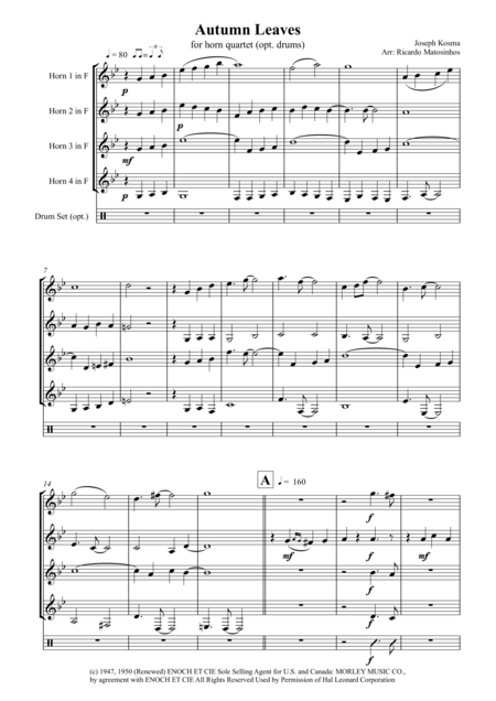 Autumn Leaves For Horn Quartet Optional Drums Page 2