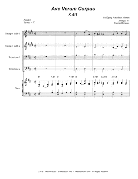 Ave Verum Corpus For Brass Quartet Piano Accompaniment Alternate Version Page 2