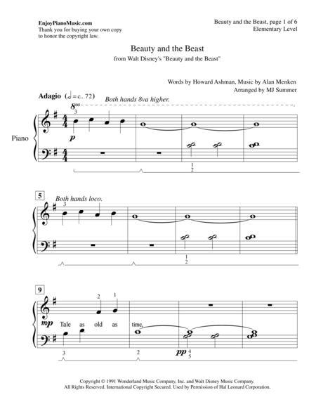 Beauty And The Beast Disney Elementary Level For Easy Piano Solo Page 2