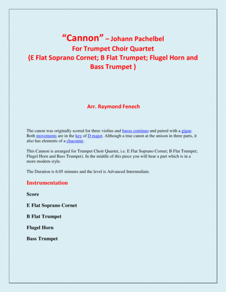 Cannon Johann Pachebel Trumpet Choir Quartet E Flat Soprano Cornet B Flat Trumpet Flugelhorn And Bass Trumpet Page 2