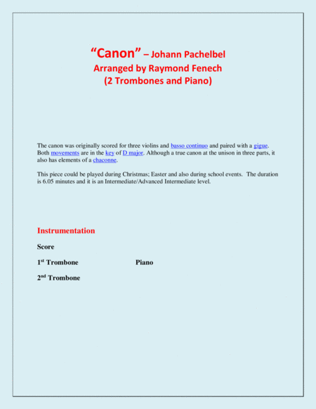 Canon Johann Pachebel 2 Trombones And Piano Intermediate Advanced Intermediate Level Page 2