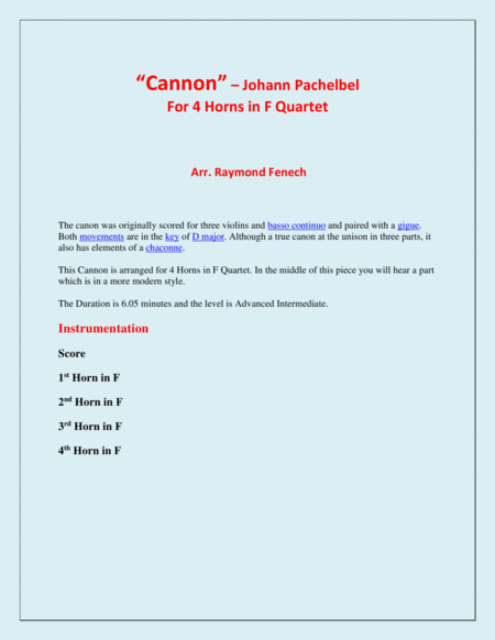 Canon Johann Pachelbel 4 Horns Quartet Intermediate Advanced Intermediate Level Page 2