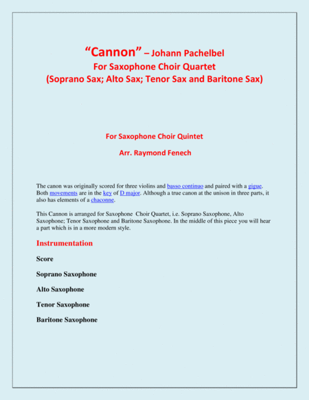 Canon Johann Pachelbel Saxophone Choir Quartet Soprano Sax Alto Sax Tenor Sax And Baritone Sax Intermediate Advanced Intermediate Level Page 2