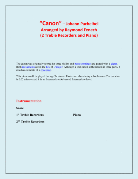 Canon Johann Paclhebel 2 Treble Recorders And Piano Intermediate Advanced Intermediate Level Page 2