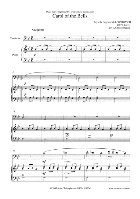 Carol Of The Bells Trombone And Piano Page 2