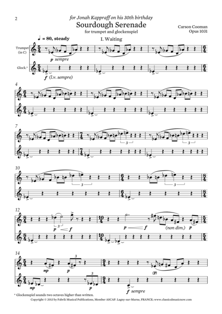 Carson Cooman Sourdough Serenade 2013 For Trumpet And Glockenspiel Page 2