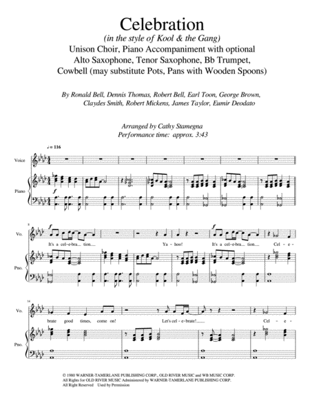 Celebration In The Style Of Kool The Gang Unison Choir And Piano Accompaniment With Optional Alto Sax Tenor Sax Bb Trumpet Cowbell May Substitute Pots Page 2