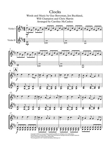 Clocks Violin Duet Page 2