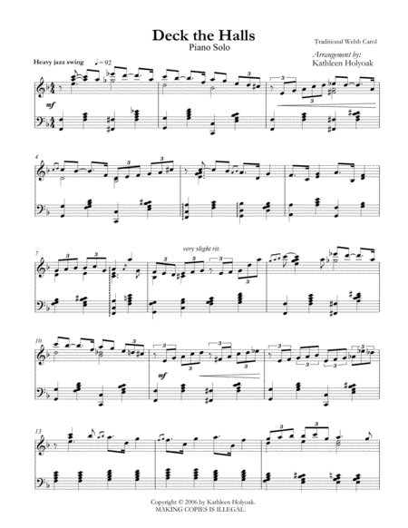 Deck The Halls Jazz Piano Arrangement By Kathleen Holyoak Page 2