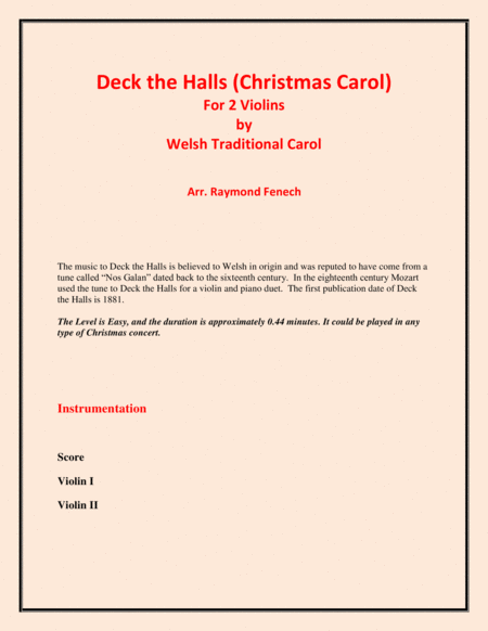 Deck The Halls Welsh Traditional Chamber Music 2 Violins Easy Level Page 2