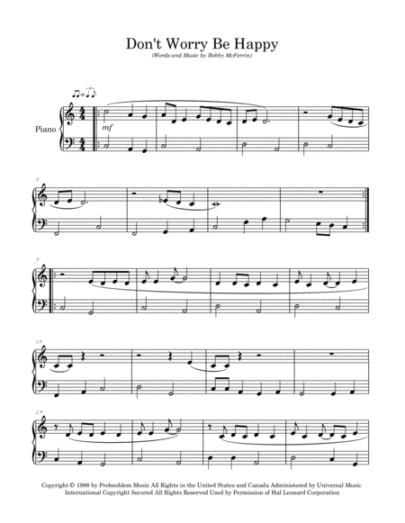 Dont Worry Be Happy Arranged For Easy Piano Page 2