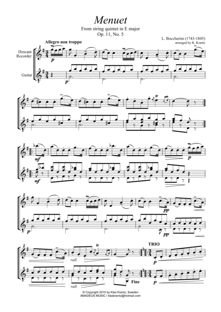 Famous Menuet Minuet For Descant Recorder And Guitar Page 2