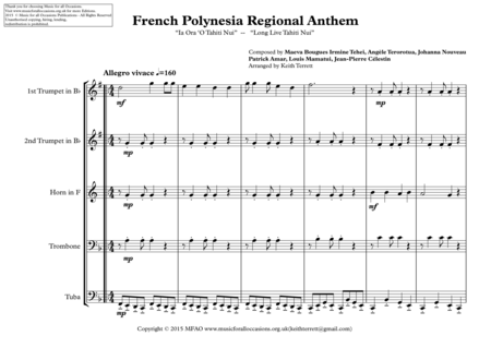 French Polynesia Regional Anthem Ia Ora O Tahiti Nui Long Live Tahiti Nui For Brass Quintet Page 2