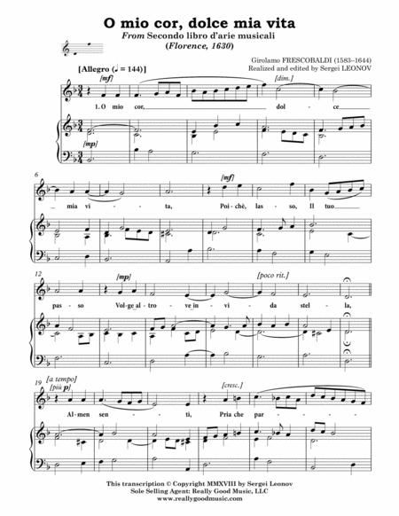 Frescobaldi Girolamo O Mio Cor Dolce Mia Vita Aria Arranged For Voice And Piano B Flat Major Page 2