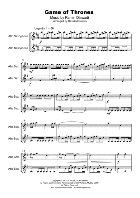 Game Of Thrones Theme Duet For Alto Saxophone Page 2