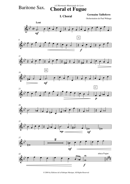 Germaine Tailleferre Choral Et Fugue Arranged For Concert Band By Paul Wehage Baritone Saxophone Part Page 2