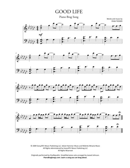 Good Life Onerepublic Simplified And Easy Key Piano Solos Page 2