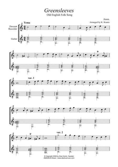 Greensleeves Variations For Descant Recorder And Guitar Page 2