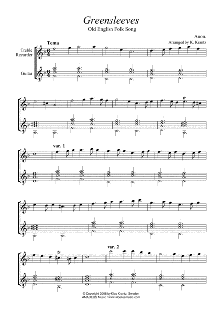 Greensleeves Variations For Treble Recorder And Guitar Page 2