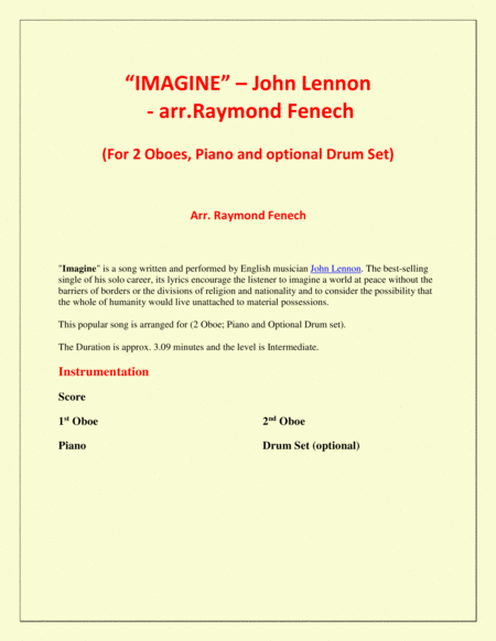 Imagine John Lennon 2 Oboes And Piano With Optional Drum Set Page 2