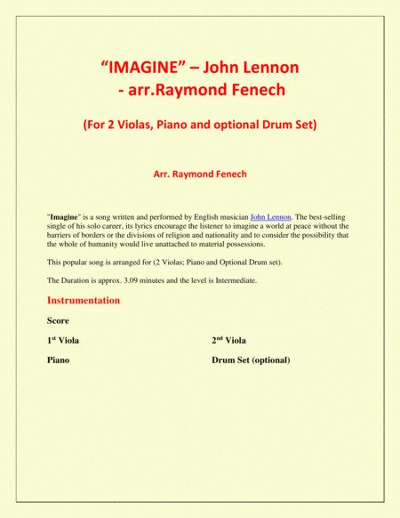 Imagine John Lennon 2 Violas And Piano With Optional Drum Set Page 2