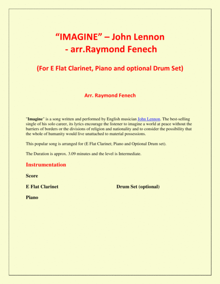 Imagine John Lennon E Flat Clarinet And Piano With Optional Drum Set Page 2