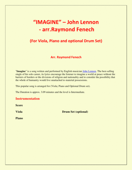 Imagine John Lennon Viola And Piano With Optional Drum Set Page 2