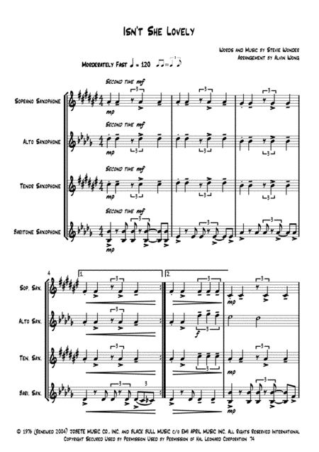 Isnt She Lovely Saxophone Quartet Page 2