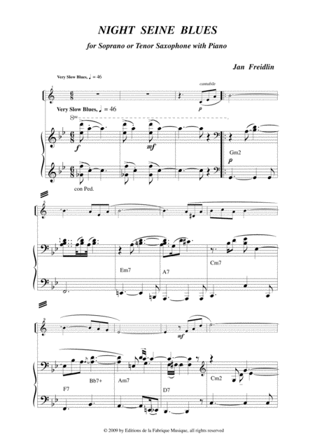 Jan Freidlin Night Seine Blues For Bb Soprano Or Tenor Saxophone And Piano Page 2