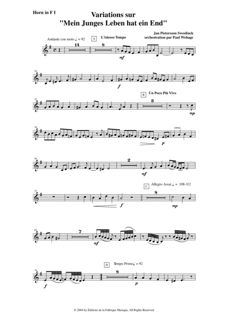 Jan Pieterszoon Sweelinck Paul Wehage Variations On Mein Juges Leben Hat Ein Ende Arranged For Concert Band Horn In F 1 Part Page 2