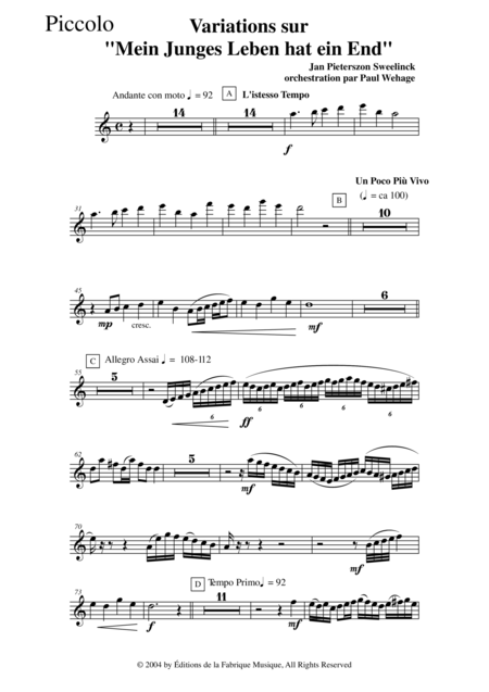 Jan Pieterszoon Sweelinck Paul Wehage Variations On Mein Juges Leben Hat Ein Ende Arranged For Concert Band Piccolo Part Page 2