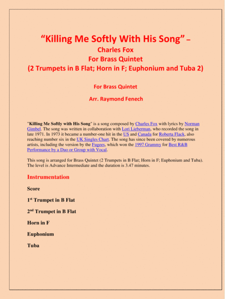 Killing Me Softly With His Song Brass Quintet 2trumpets In B Flat Horn In F Euphonium And Tuba Page 2