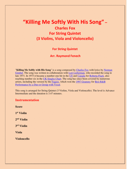 Killing Me Softly With His Song String Quintet 3 Violins Viola And Violoncello Page 2