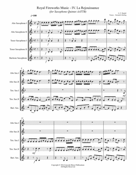 La Rejouissance From Royal Fireworks Music For Saxophone Quintet Aattb Page 2