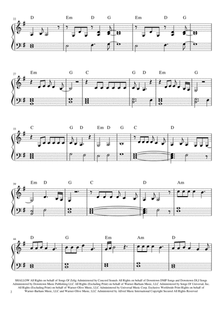 Lady Gaga Shallow Easy Piano Sheet With Fingering Page 2