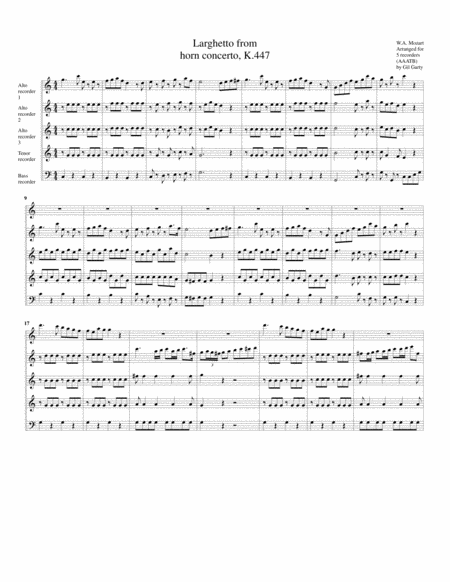 Larghetto From Concerto For Horn And Orchestra K 447 Arrangement For 5 Recorders Page 2