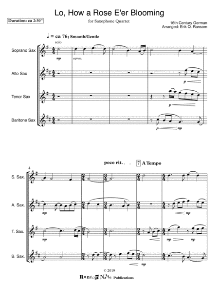 Lo How A Rose E Er Blooming For Saxophone Quartet Page 2