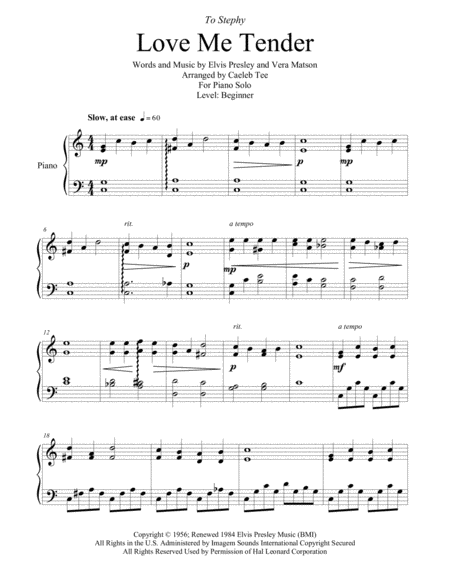 Love Me Tender Beginner Piano Solo Arranged By Caeleb Tee Page 2