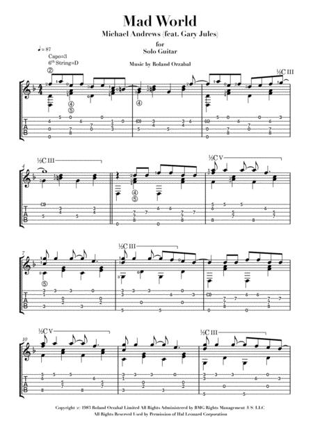 Mad World For Solo Guitar Standard Notation Tablature Page 2