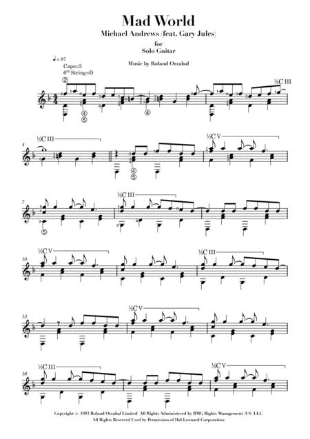 Mad World For Solo Guitar Standard Notation Page 2