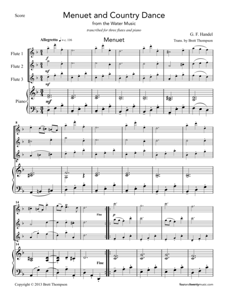 Menuet Country Dance From The Water Music Arranged For Three Flutes And Piano Page 2